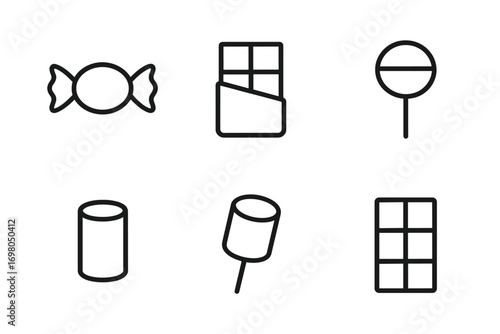 Minimalist icons of sweets and candies: chocolate bar, lollipop, marshmallow
