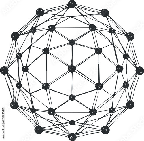 An abstract illustration of a 3D network structure showcasing interconnected nodes and lines. Black on transparent background.