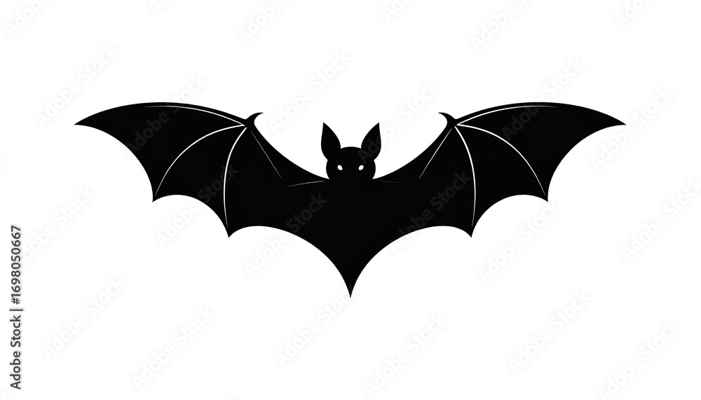 Obraz premium Simple, black silhouette of a bat with outstretched wings against a pure white background.