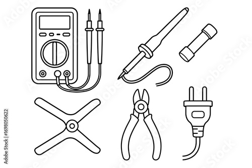 Electrical tools outline: multimeter, soldering iron, fuse, pliers, plug