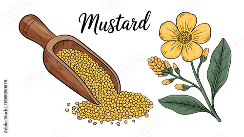Hand-drawn illustration of mustard seeds in a wooden scoop with a blooming mustard plant branch, isolated on a white background.