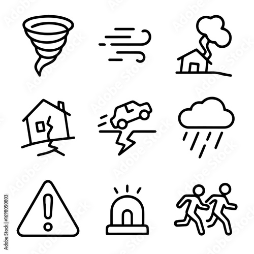 Natural Disaster and Emergency Icon Set Tornado Wind Fire Earthquake Flood Rain Warning Siren Evacuation.
