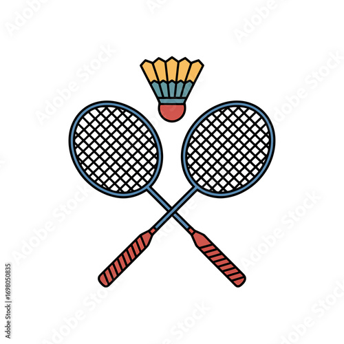 Badminton sport vector icon with crossed racquets and a shuttlecock. Simple equipment illustration isolated on a white background.