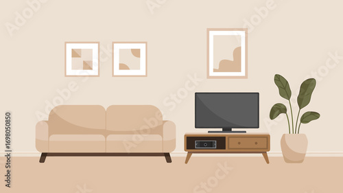 Cozy Modern Minimalist Living Room Interior Illustration. Comfortable Sofa, Television, Stylish Decor in Neutral Tones. Contemporary Domestic Space Design.