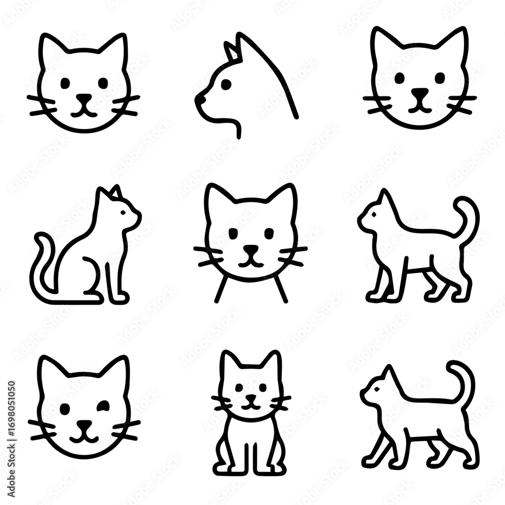 Fototapeta premium Nine Black Outline Cat Icons in Various Poses and Headshots.