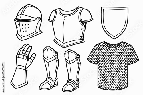 Medieval armor set illustration with helmet, breastplate, shield, gauntlet, greaves, chainmail