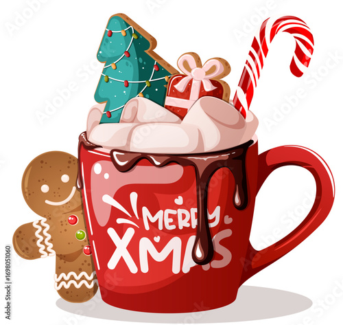 Merry Xmas Hot Chocolate Mug with Marshmallows, Gingerbread Cookies and Candy Cane - Festive Drink with Treats Cartoon Illustration