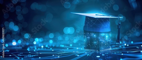 Futuristic AI education design with a sleek low-poly graduation cap. Glowing vibrant blue digital chip, blurred edges, modern abstract composition.