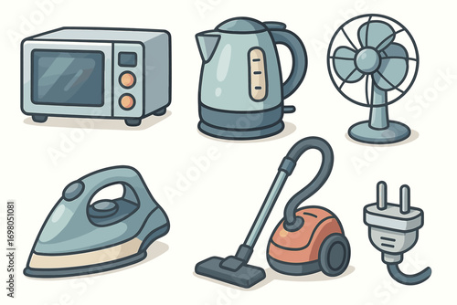 Cartoon home appliances: microwave, kettle, fan, iron, vacuum, and plug