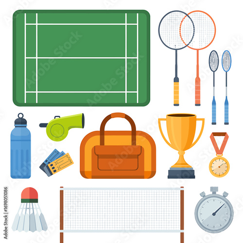 Badminton Sports Equipment Collection in Flat Design. Essential gear for game day and training, including rackets, shuttlecocks, court, net, trophy, and accessories.