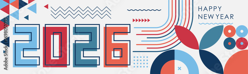 happy new year 2026 text design with modern calligraphy and abstract geometric background style. Creative Greeting card banner for 2026 colorful flat numbers. Latest Vector illustration.