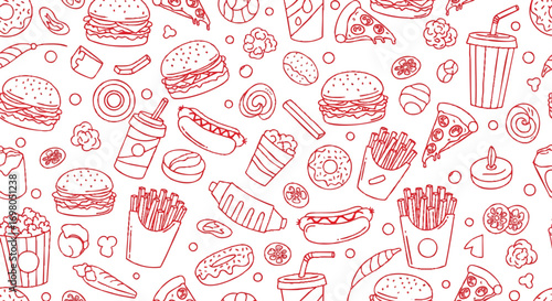 seamless fast food pattern hamburgers pizza hot dogs outline