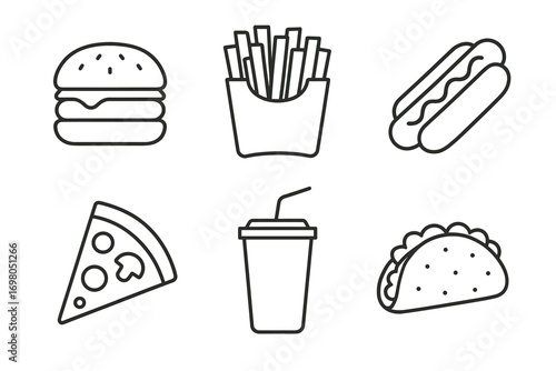 Simple fast food icons: burger, fries, hot dog, pizza, soda, taco