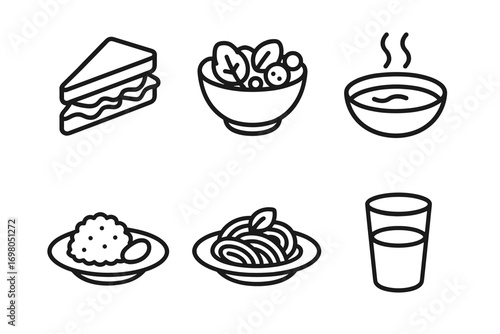 Line art icons of sandwich, salad, soup, rice, pasta, and water glass