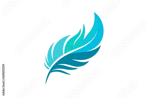 Illustration of a stylized feather in shades of turquoise and blue on white background