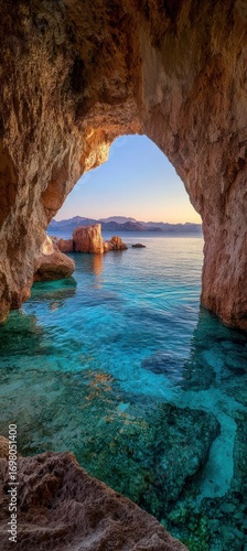 Tranquil turquoise water reflects in a cave's archway, showcasing a serene coastal scene with dramatic rock formations.