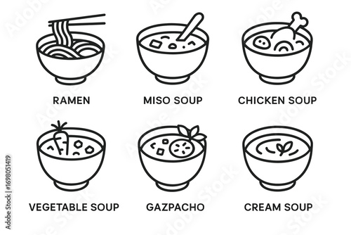 Icon set of ramen, miso, chicken, vegetable, gazpacho, and cream soups