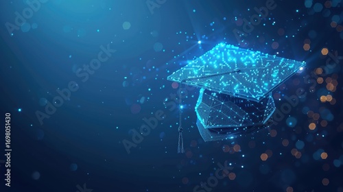 A low-poly glowing digital graduation cap, a futuristic AI computer chip, floats in cool blue for advanced education, with blurred edges and balanced composition.