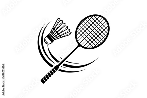 Minimalist Badminton Graphic Shuttlecock and Racket in Black and White for Sport and Fitness