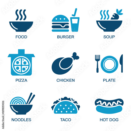 Delicious Food Icons Soup, Burger, Pizza, Chicken, and More