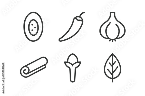 Black and white icon set of spices and herbs including chili, garlic, cinnamon, and more
