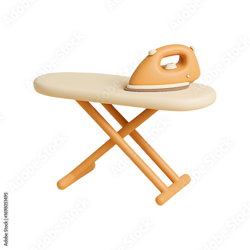Orange iron on a beige ironing board isolated on transparent background