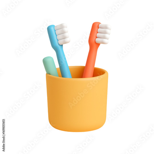 Three colorful toothbrushes in an orange holder isolated on transparent background