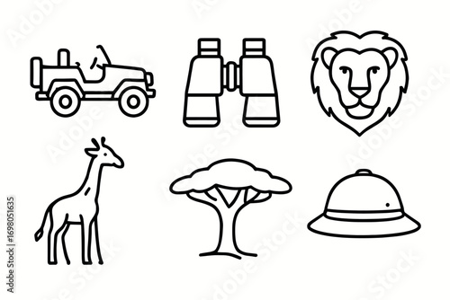 Safari adventure icons: jeep, binoculars, lion, giraffe, tree, helmet illustrations