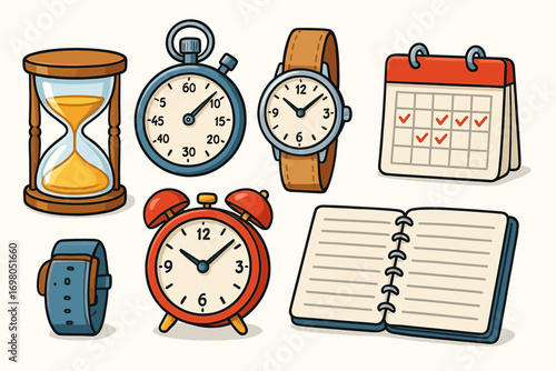 Time management elements: hourglass, clocks, calendar, notebook