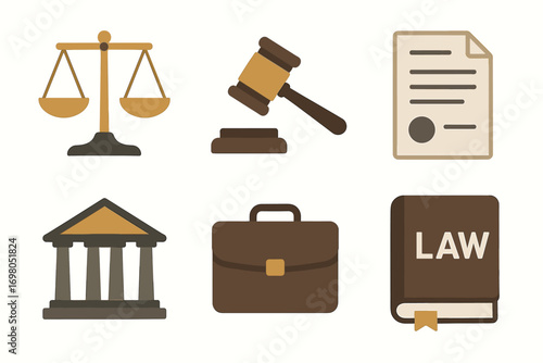 Legal symbols collection: scales, gavel, document, courthouse, briefcase, law book