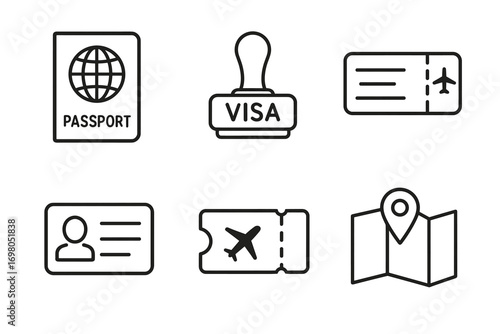 Travel essentials: passport, visa stamp, flight ticket, id, and map icons