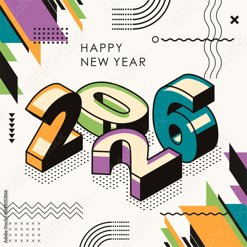 happy new year 2026 text design with modern calligraphy and abstract geometric background style. Creative Greeting card banner for 2026 colorful block numbers. Latest isometric Vector illustration.