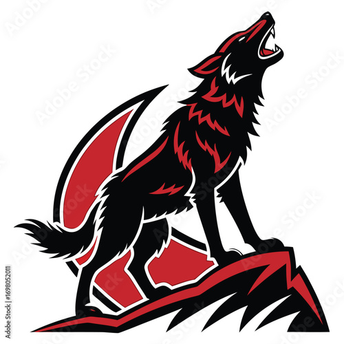 Aggressive wolf silhouette sports team logo design with bold red and black accents