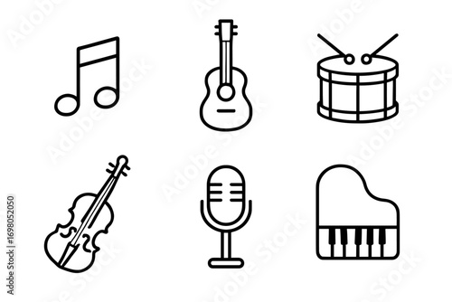 Musical instrument icons - guitar, drums, violin, microphone, piano, note