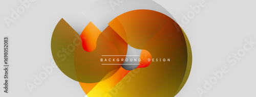 Abstract design features overlapping translucent shapes. Warm orange, yellow hues dominate neutral background. Minimalist text present.
