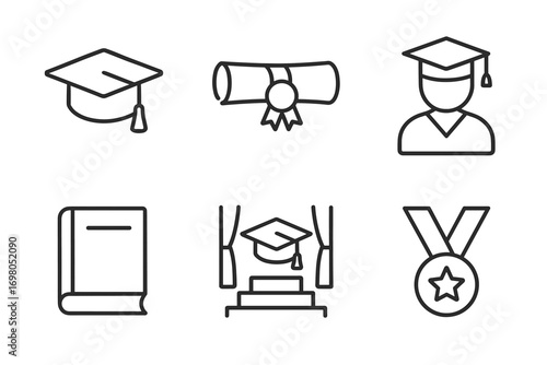 Graduation symbols: cap, diploma, graduate, book, podium, medal icons