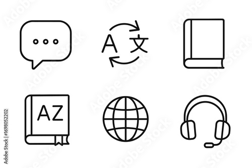 Language learning icons: speech, translation, books, globe, headphones