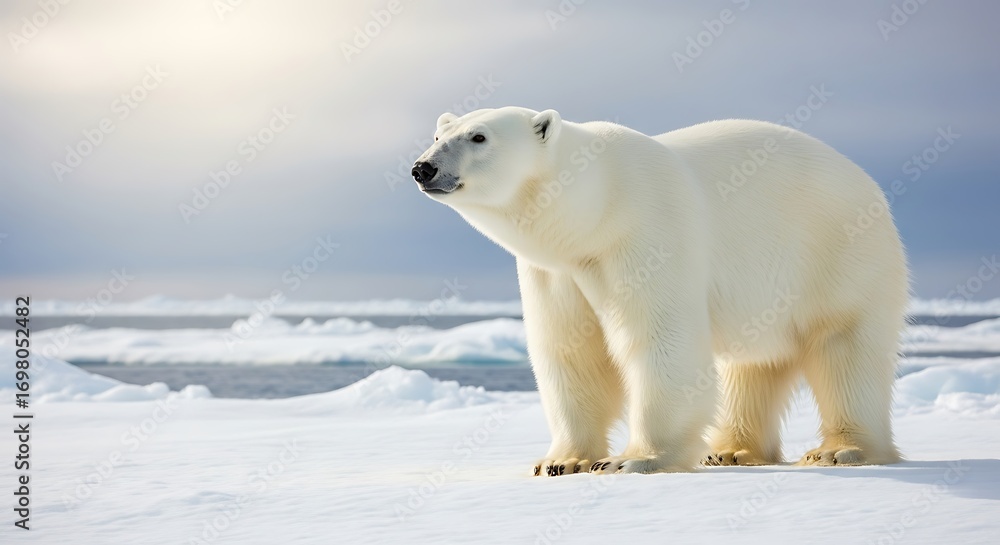 Fototapeta premium A majestic polar bear stands on a vast, icy landscape under a bright, overcast sky.