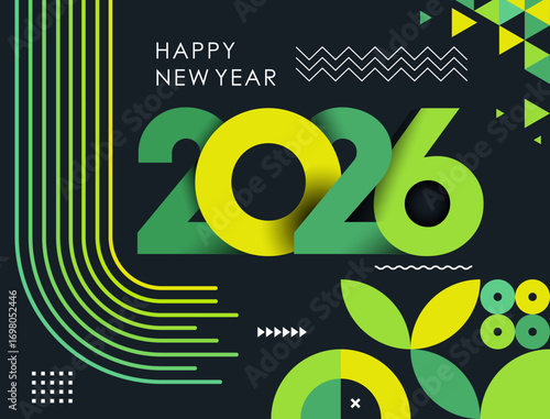 happy new year 2026 text design with modern calligraphy and dark background style. Creative Greeting card banner for 2026 clean energy colorful vegan green yellow lines. Latest Vector illustration.