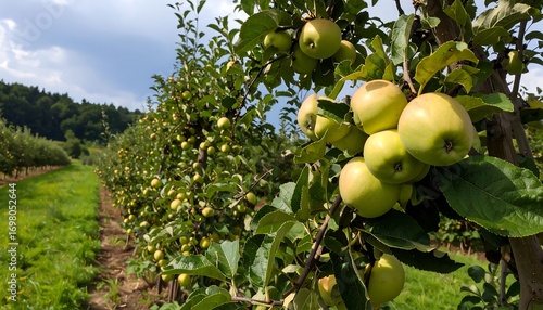 Lush apple orchard under a partly cloudy sky