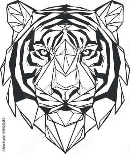 Stylized low poly tiger illustration featuring sharp geometric lines and striking facial features. Black on transparent background.