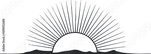 A minimalist illustration of a rising sun with rays extending over mountains. Black on transparent background.