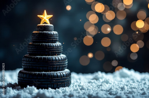 Christmas tree made of car tires on a blurry background with yellow lights. Christmas greeting card from a car repair shop. free space for text