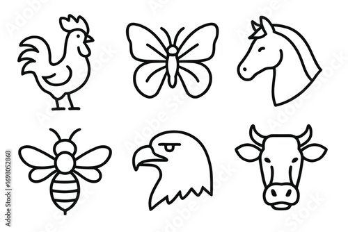 Set of black and white animal line drawings: rooster, butterfly, horse, bee, eagle, cow