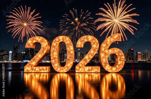 the numbers 2026 on the background of fireworks at night in the city. New Year's Eve celebration. greeting card	