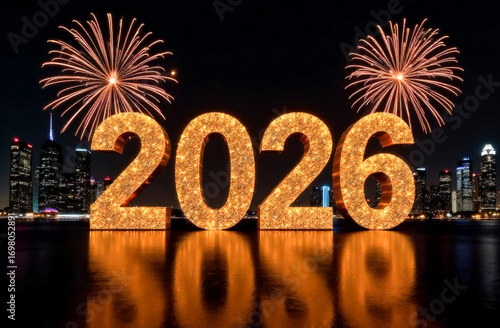 the numbers 2026 on the background of fireworks at night in the city. New Year's Eve celebration. greeting card	