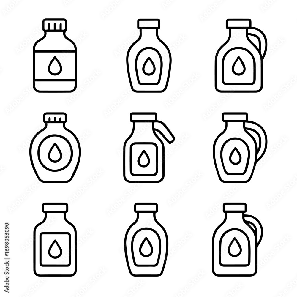 Fototapeta premium Outlined Bottles with Droplet Symbols in Various Shapes and Designs.