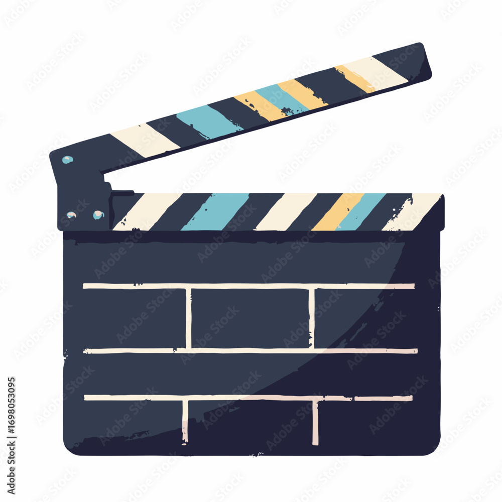 Obraz premium Clapperboard — hinged slate with diagonal clap stripe, film title lines faintly ruled, white background