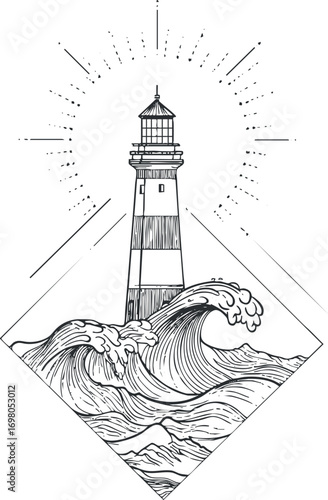 A detailed illustration of a lighthouse surrounded by crashing waves in a coastal setting. Black on transparent background.