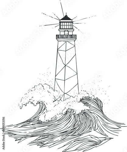 A stylized illustration of a lighthouse surrounded by crashing waves and a dramatic ocean scene. Black on transparent background.